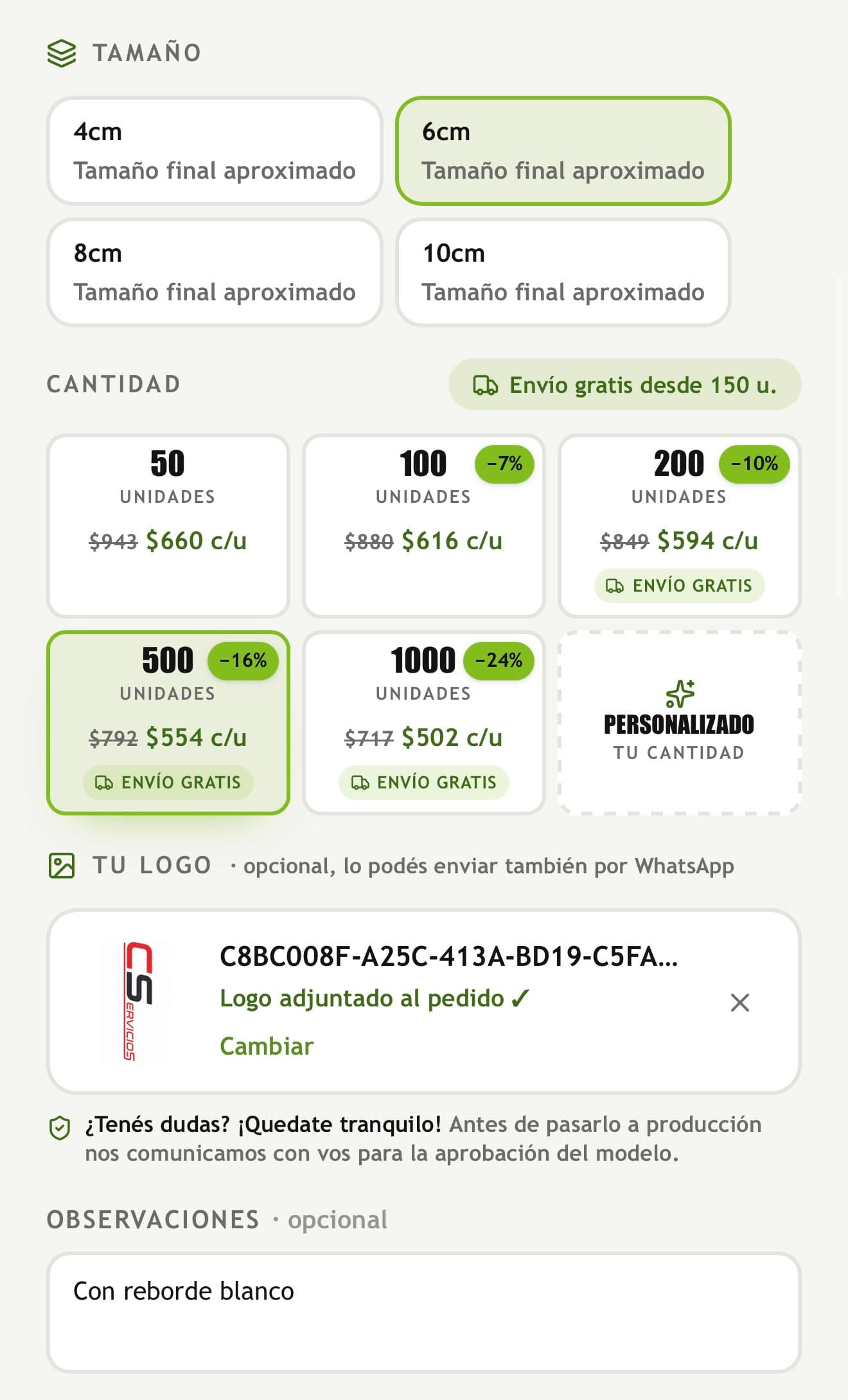 Configuración del tamaño, la cantidad y el logo para un pedido de stickers